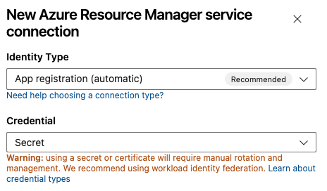 Screenshot della selezione del metodo di autenticazione automatica nella registrazione automatica dell'app di federazione dell'identità del carico di lavoro.