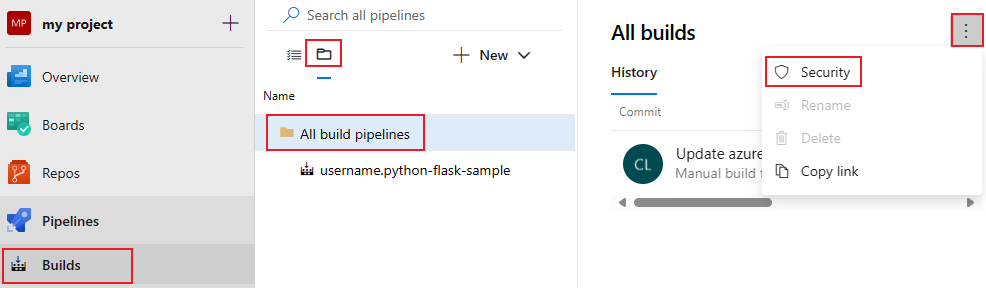 Screenshot che mostra tutte le selezioni di sicurezza delle pipeline.