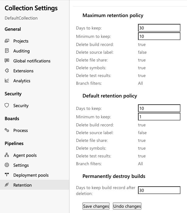 Screenshot che mostra come configurare i criteri di conservazione a livello di raccolta.