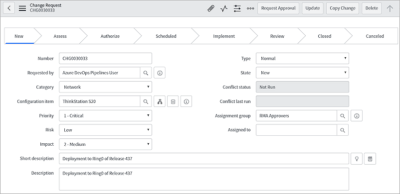 Screenshot che mostra una nuova richiesta di modifica in ServiceNow.