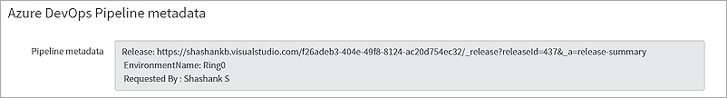 Screenshot che mostra i metadati della pipeline di versione.
