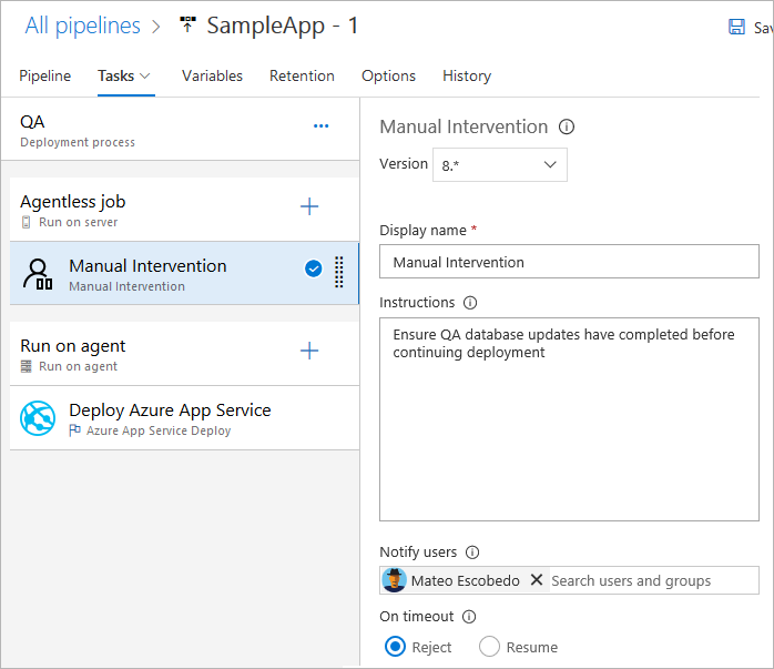 Screenshot che mostra come configurare l'attività Intervento manuale.