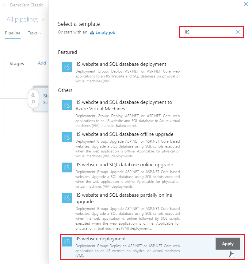 Screenshot che mostra come aggiungere il modello di distribuzione del sito Web IIS.