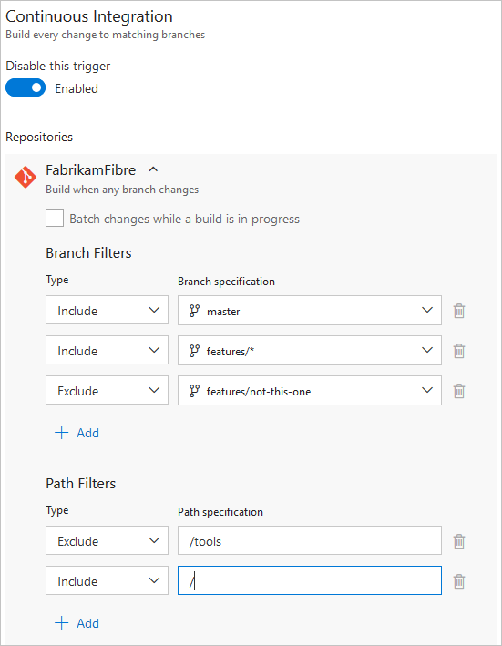 Configurare i filtri dei rami trigger di integrazione continua.