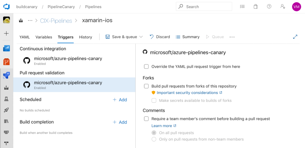 Screenshot dell'interfaccia utente della protezione della compilazione tramite fork in Azure DevOps Server 2020 e versioni precedenti.