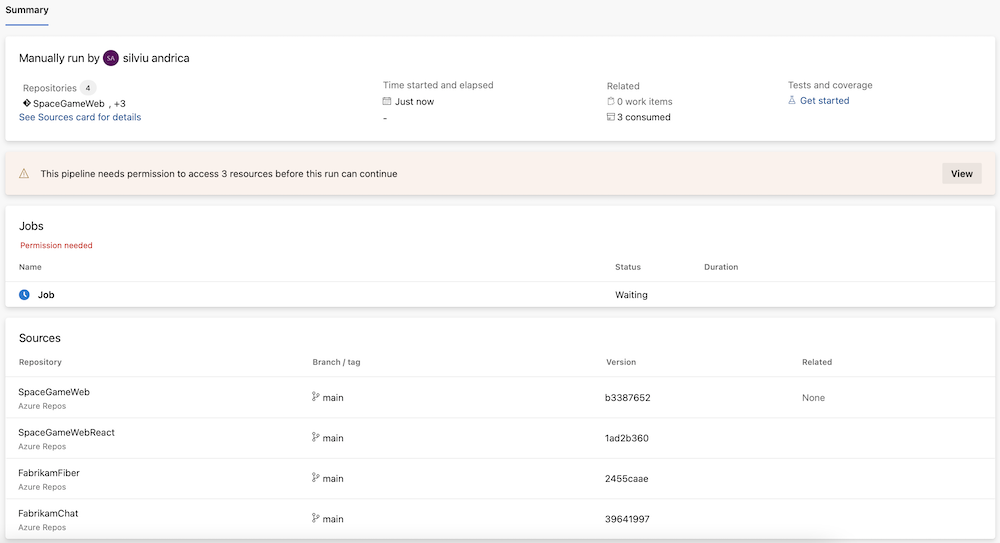 Screenshot dell'esecuzione della pipeline SpaceGameWeb la prima volta dopo aver attivato l'interruttore Proteggi l'accesso ai repository nelle pipeline YAML.