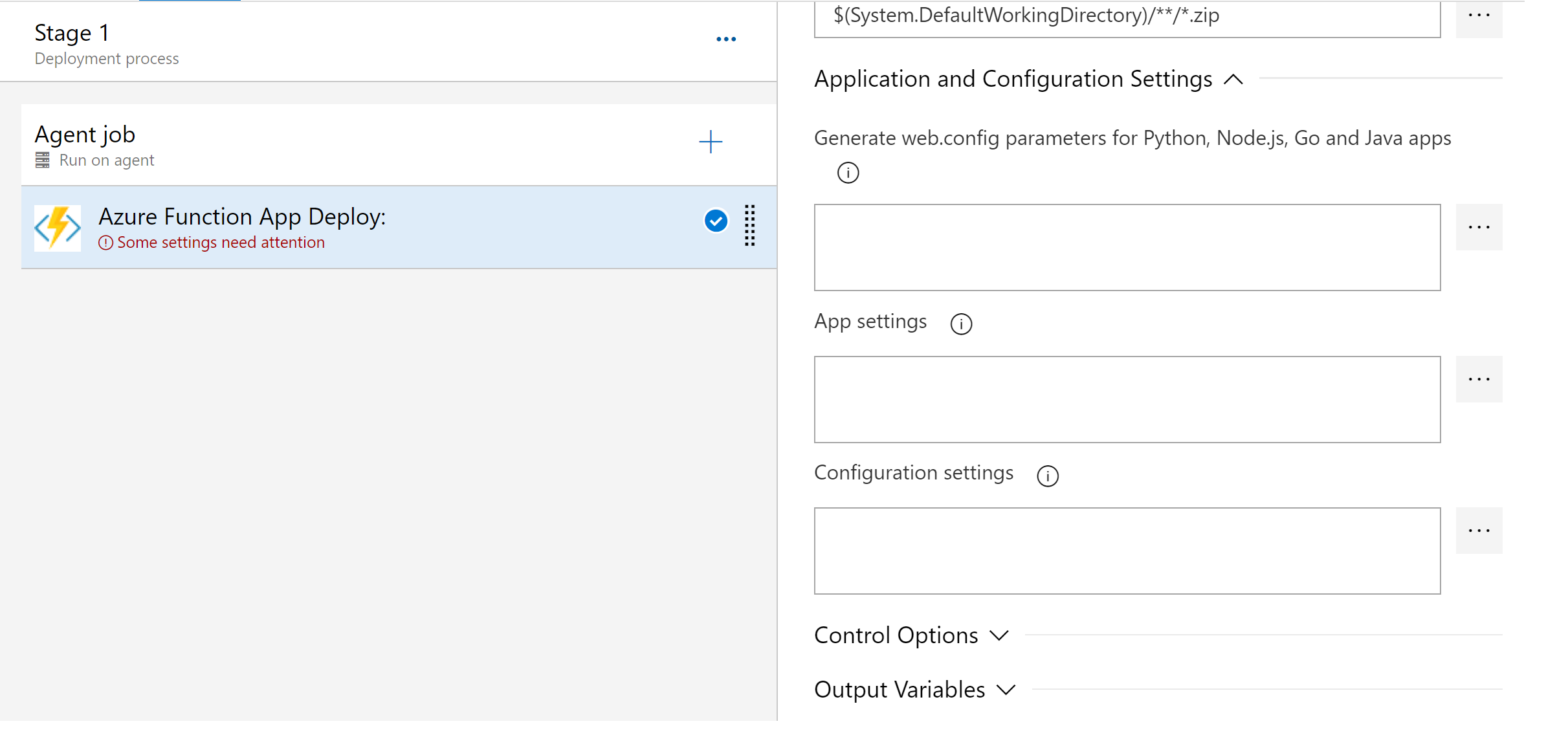 Screenshot che mostra la sezione Genera parametri web.config.