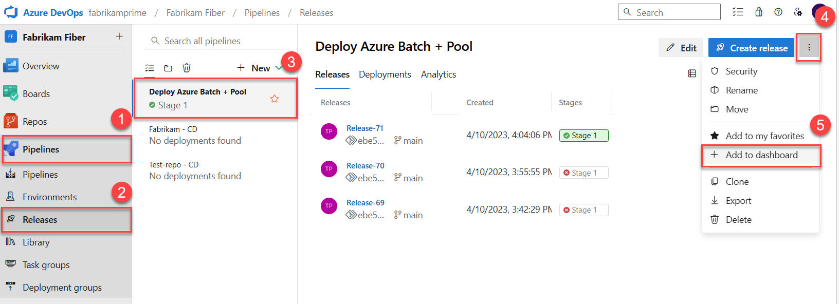 Screenshot dell'aggiunta di un grafico della pipeline di versione a un dashboard.