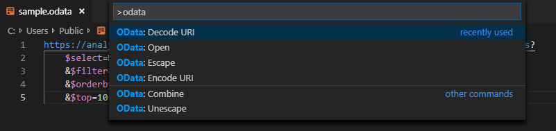 Screenshot che mostra il riquadro comandi per l'estensione OData di Visual Studio Code.