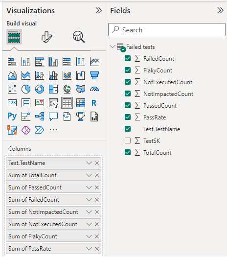 Screenshot delle selezioni dei campi di visualizzazione per il report tabella Test non superati. 