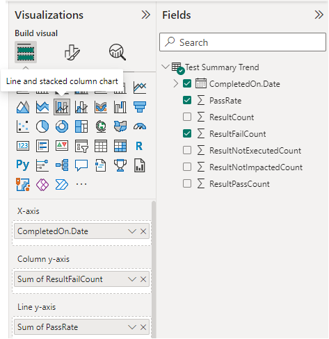 Screenshot delle selezioni dei campi di visualizzazione per il report grafico a linee della tendenza riepilogo test in pila. 