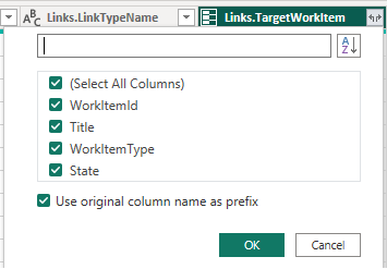 Screenshot della colonna Power BI Links.TargetWorkItem, opzioni di espansione. 