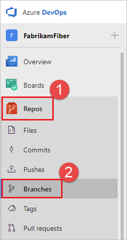 Screenshot che mostra come passare ai rami in Azure Repos.