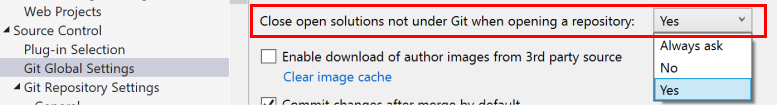 Screenshot che mostra l'impostazione Chiudi soluzioni aperte non in Git quando si apre un repository nella finestra di dialogo Opzioni in Visual Studio.