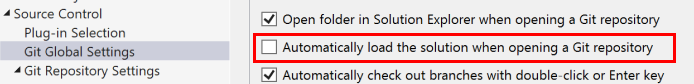 Screenshot che mostra la casella di controllo per caricare automaticamente la soluzione all'apertura di un repository Git nella finestra di dialogo Opzioni.