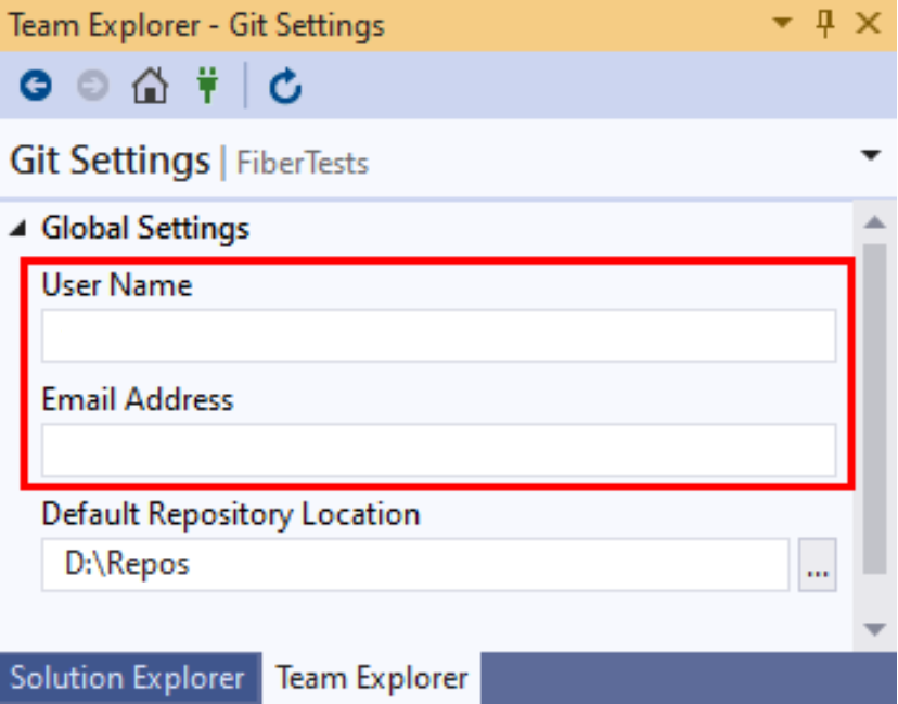 Screenshot delle impostazioni relative al nome e alla posta elettronica in Global Impostazioni in Team Explorer in Visual Studio 2019.