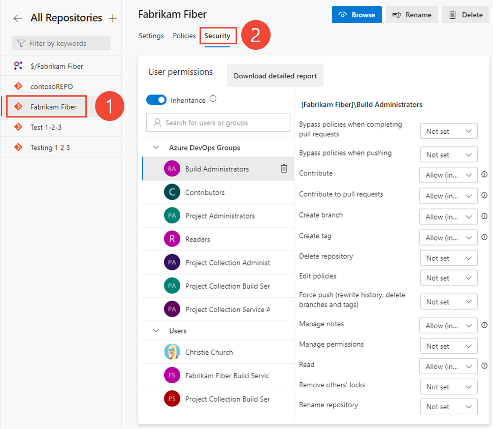 Screenshot che mostra la scelta delle impostazioni>del progetto Scegliere una sicurezza del repository>.