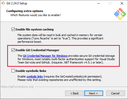 Screenshot mostra la selezione, Abilita Git Credential Manager durante l'installazione di Git per Windows.