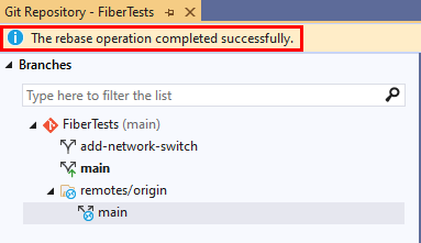 Screenshot del messaggio di conferma della ribase nella finestra Repository Git di Visual Studio 2019.