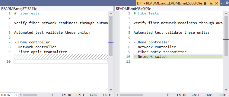 Screenshot di una finestra diff del file in Visual Studio 2019.