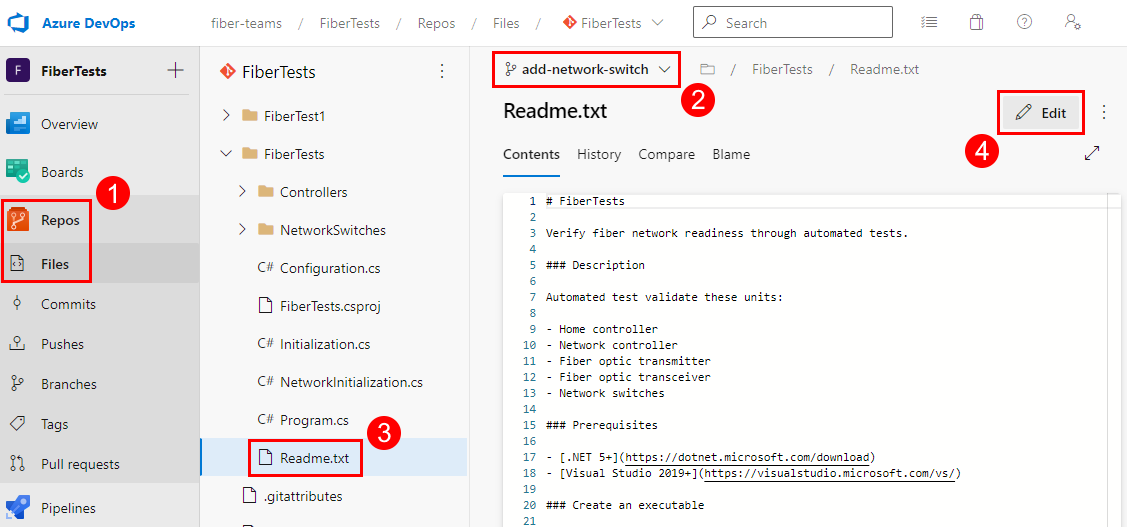 Screenshot del pulsante Modifica per aggiornare un file in Azure Repos.