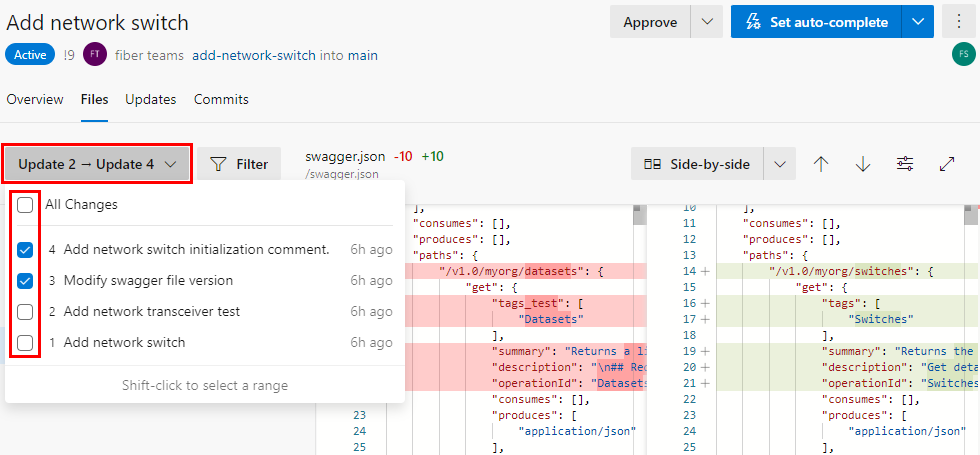 Screenshot dell'elenco a discesa delle sezioni del set di modifiche nella scheda File di un P R.