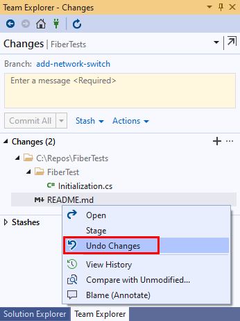 Screenshot delle opzioni del menu di scelta rapida per i file modificati in Team Explorer in Visual Studio 2019.