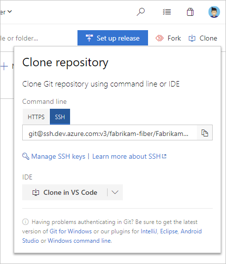 Screenshot che mostra l'URL clonato ssh di Azure Repos