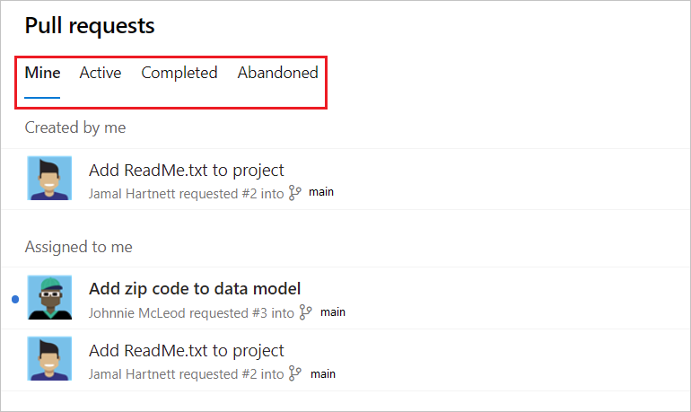 Screenshot delle schede di visualizzazione per le richieste pull in Azure Repos.