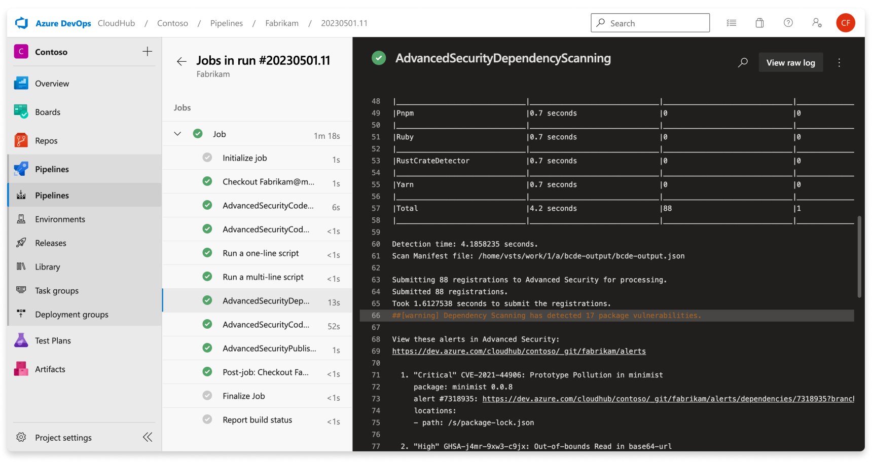 Screenshot di un output di compilazione dell'analisi delle dipendenze