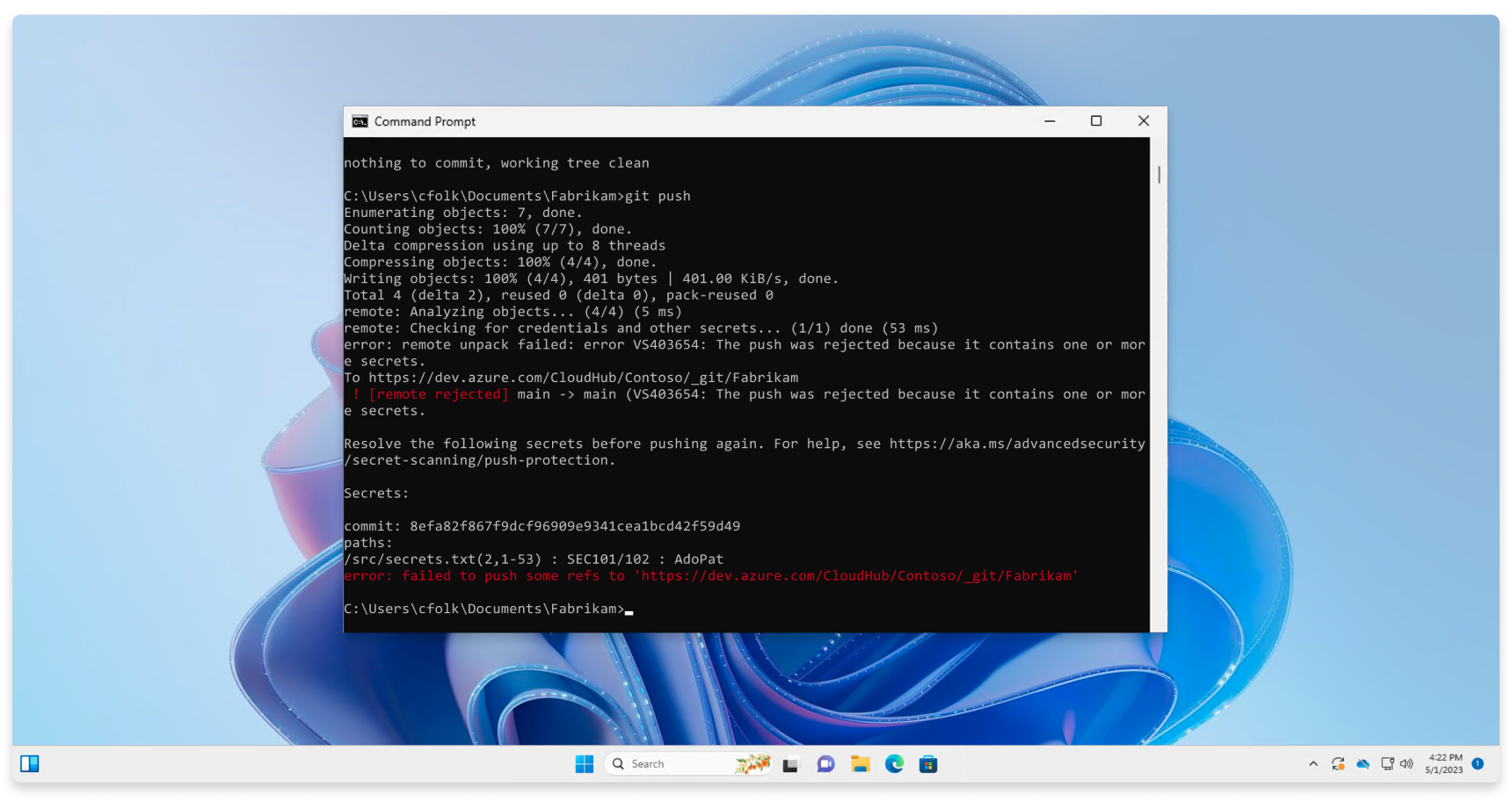 Screenshot che mostra un push Git bloccato da VS Code