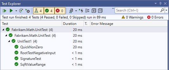 Screenshot di Unit Test Explorer con quattro test superati.