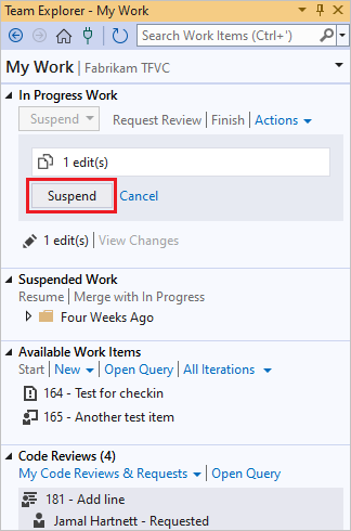 Screenshot del collegamento Sospendi nella pagina Lavoro personale di Team Explorer.