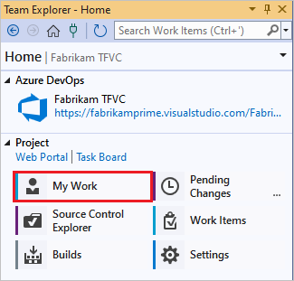 Screenshot di My Work (Lavoro personale) dalla home page di Team Explorer.