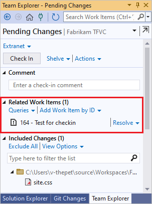 Screenshot che mostra elementi di lavoro correlati nelle modifiche in sospeso.
