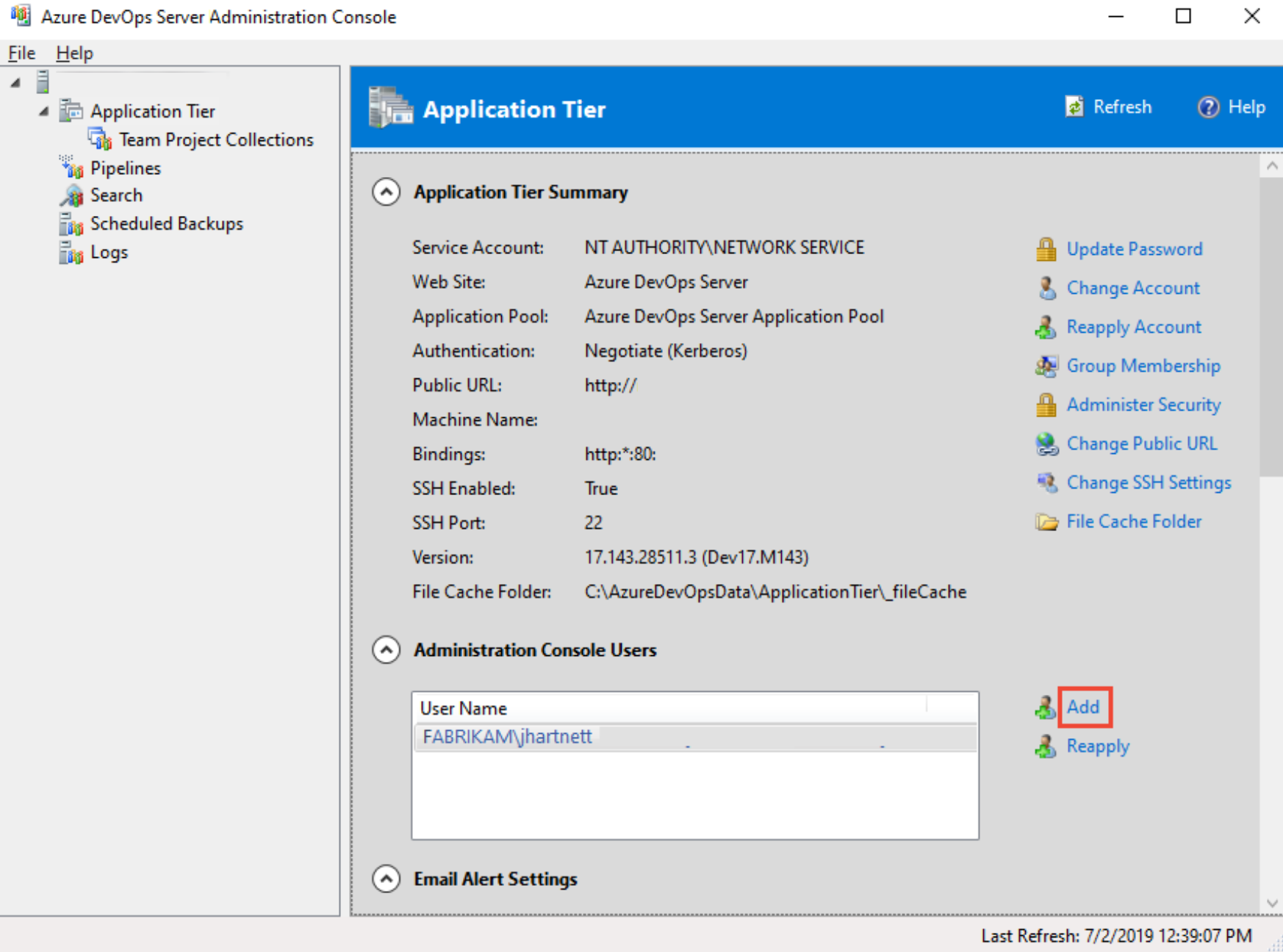 Screenshot della console di amministrazione del server 2019 con l'opzione Aggiungi evidenziata.