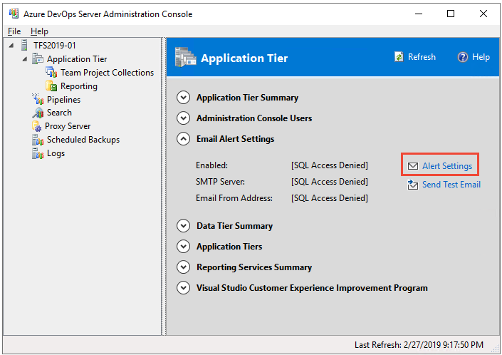 Screenshot degli avvisi di posta elettronica aperti per il livello applicazione.