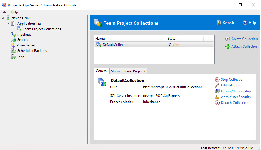 Screenshot della Console di amministrazione, del nodo Raccolte progetti team, azure DevOps Server 2022.