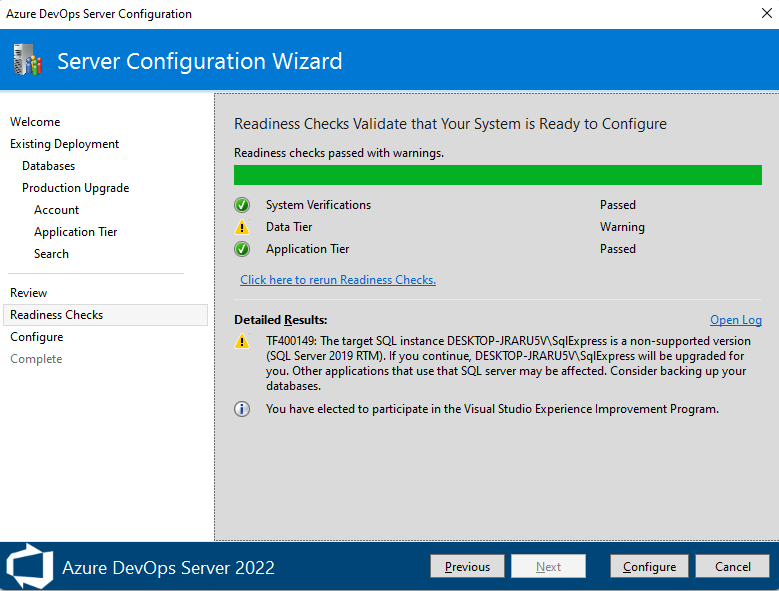 Screenshot della pagina Configurazione guidata server, Controlli di conformità, Azure DevOps Server 2022. 