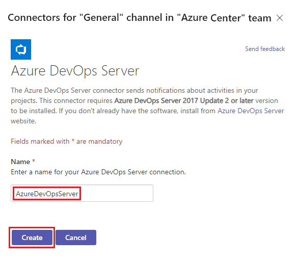 Screenshot che mostra la creazione della connessione al server Azure DevOps in Teams.