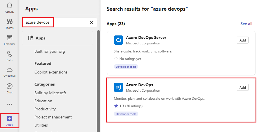 Screenshot che mostra la ricerca di Azure DevOps in Teams.