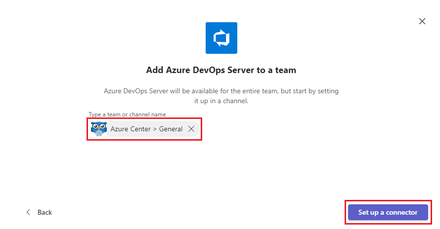 Screenshot che mostra la selezione di Configurare un connettore per Azure DevOps Server in Teams.