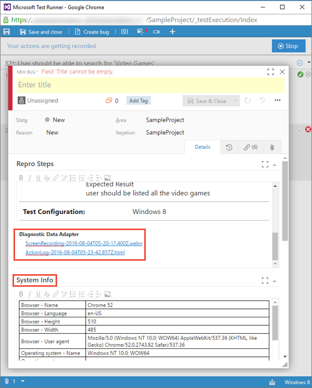 Screenshot che mostra la visualizzazione dei dati di diagnostica nel bug che si sta creando.