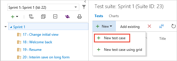 Screenshot che mostra il gruppo di test per un elemento backlog e l'aggiunta di un nuovo test case.