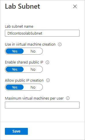 Screenshot che mostra l'impostazione IP condiviso nella pagina Subnet lab.