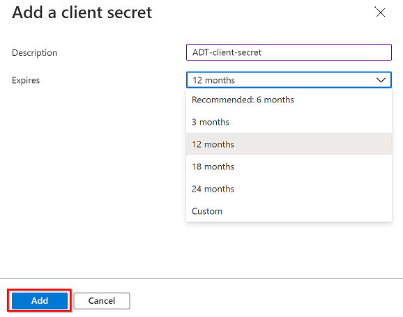 Screenshot del portale di Azure durante l'aggiunta di un segreto client.