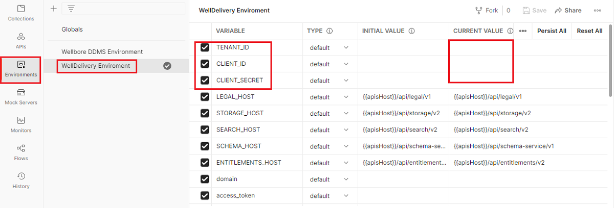 Screenshot che mostra dove immettere i valori correnti nell'ambiente DDMS Well Delivery.