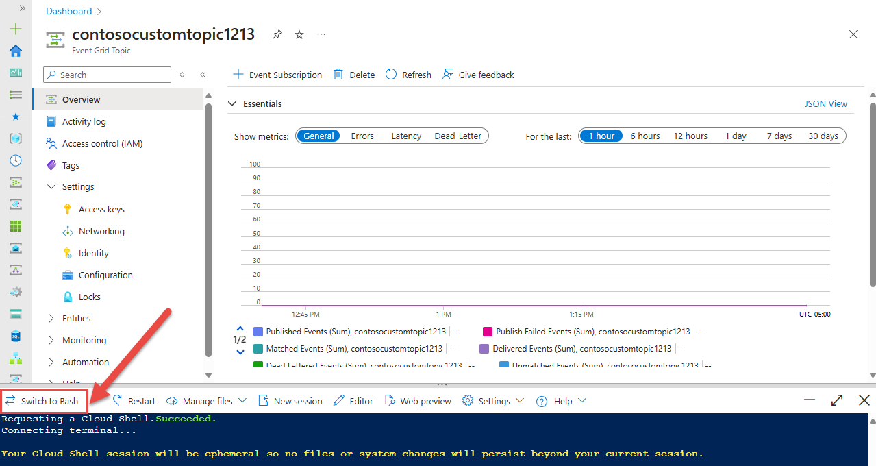 Screenshot che mostra Cloud Shell con Bash selezionato nell'angolo superiore sinistro.