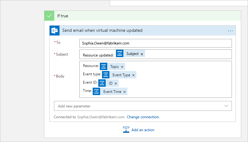 Screenshot che mostra la finestra di progettazione del flusso di lavoro con output selezionati da inviare tramite posta elettronica quando viene aggiornata la macchina virtuale.