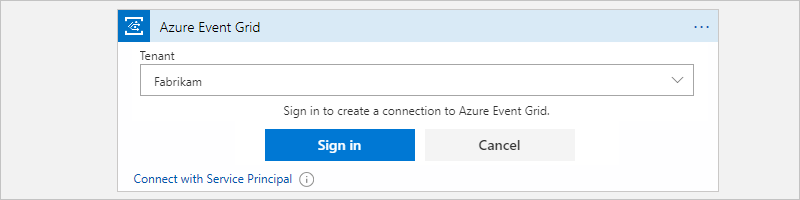 Screenshot che mostra la finestra di progettazione del flusso di lavoro con il prompt di accesso di Azure per connettersi a Griglia di eventi di Azure.